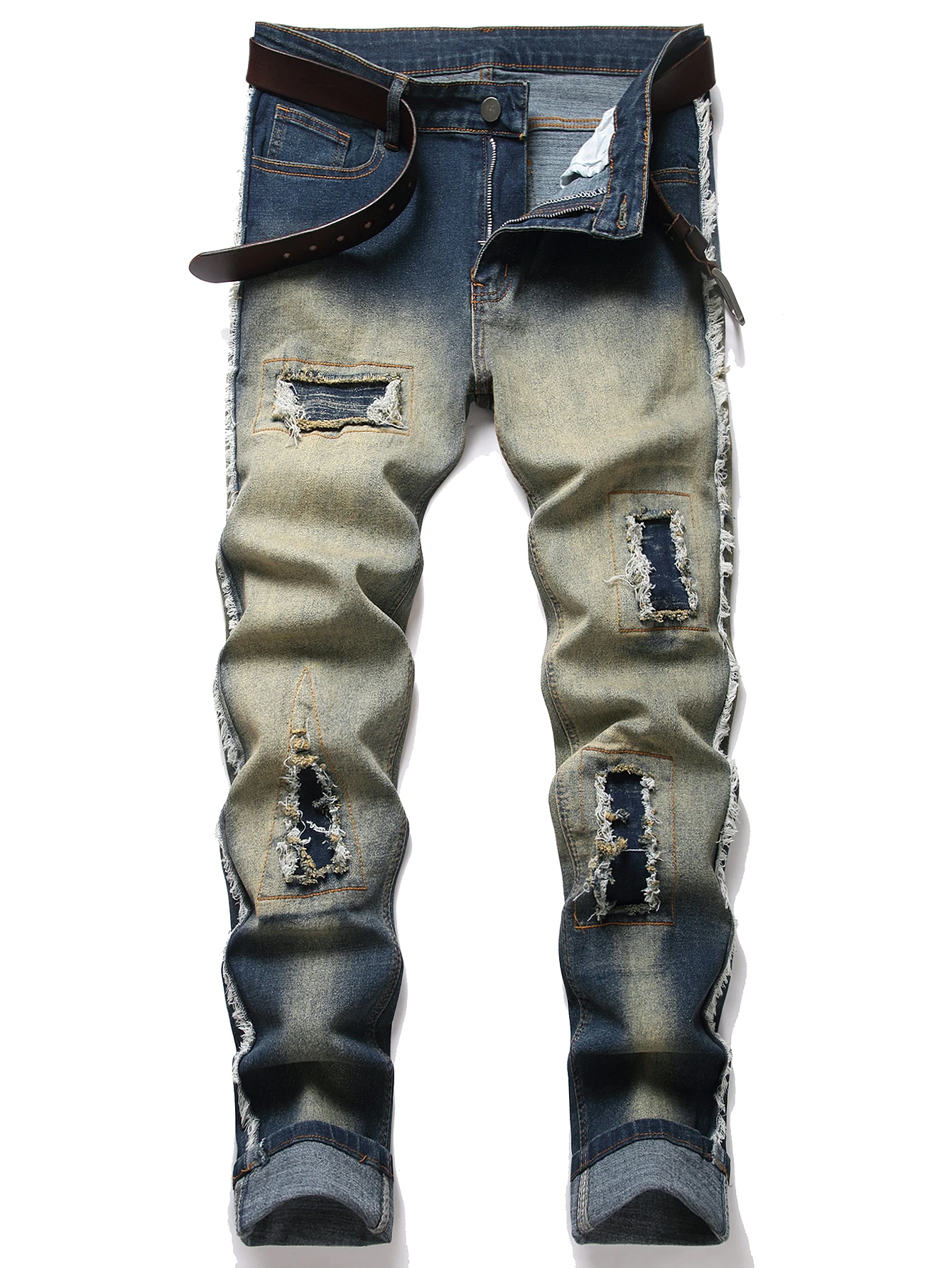 

Стильные джинсы слим-фит со средней посадкой - мужские джинсы с эффектом потертости и рваными элементами, с бахромой, для всех сезонов, для уличной моды