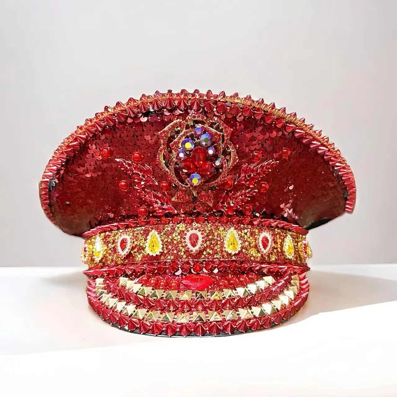 HongLuan Red Rose Bling Captain Hat Rhinestone for Woman Steampunk Military Cap for Men Burning Man Music Festivals Accessories