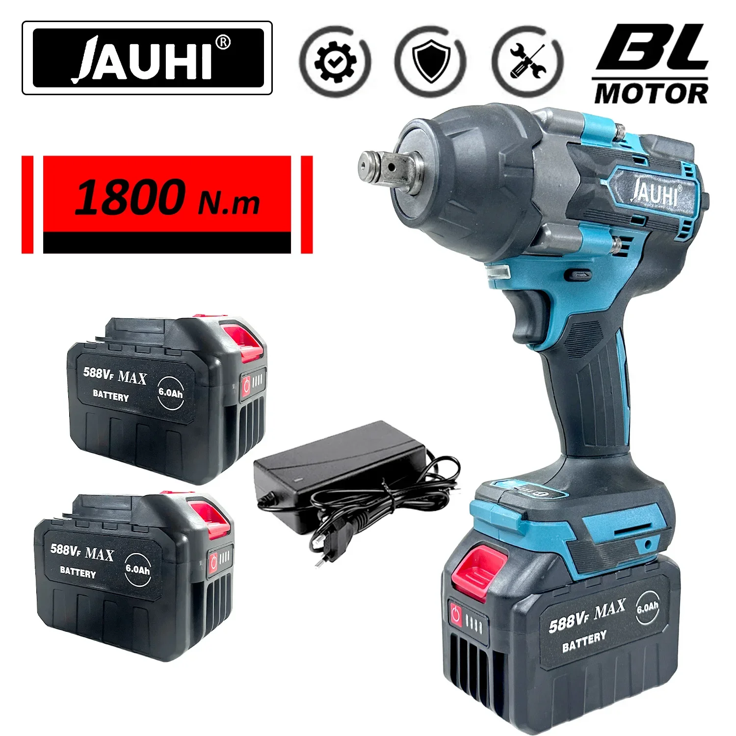 JAUHI 1800N.M Torque Brushless Electric Impact Wrench with 588VF Battery 1/2\