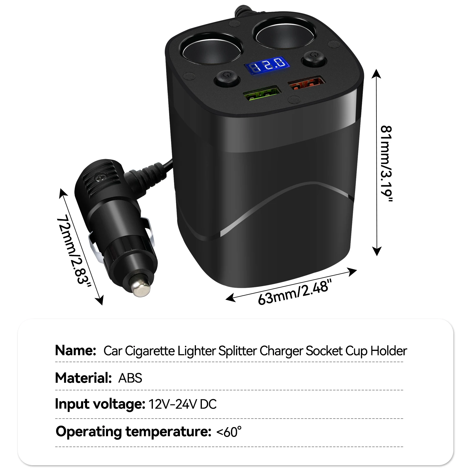 Car Charger Cigarette Lighter Adapter Splitter 2 Socket QC3.0 Fast Quick Charge Charging Cup Holder LED Voltmeter Display Switch