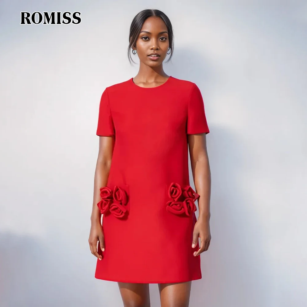 

ROMISS Solid Elegant Spliced Appliques Dress For Women Round Neck Short Sleeve High Waist Temperament Dresses Female New