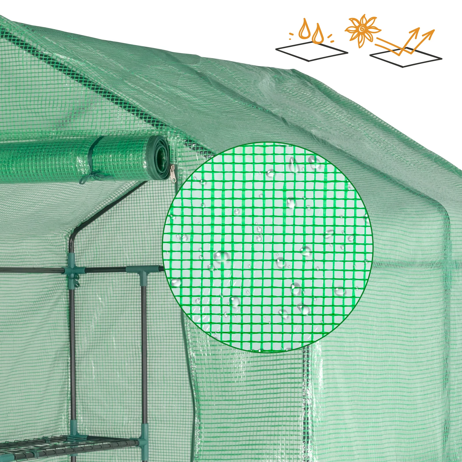 143x143x195cm Black Iron Pipe Steeple With 8 Pieces Grid Flower Stand With Zipper Rolling Door PE Cloth Greenhouse（SAME AS 54690859）