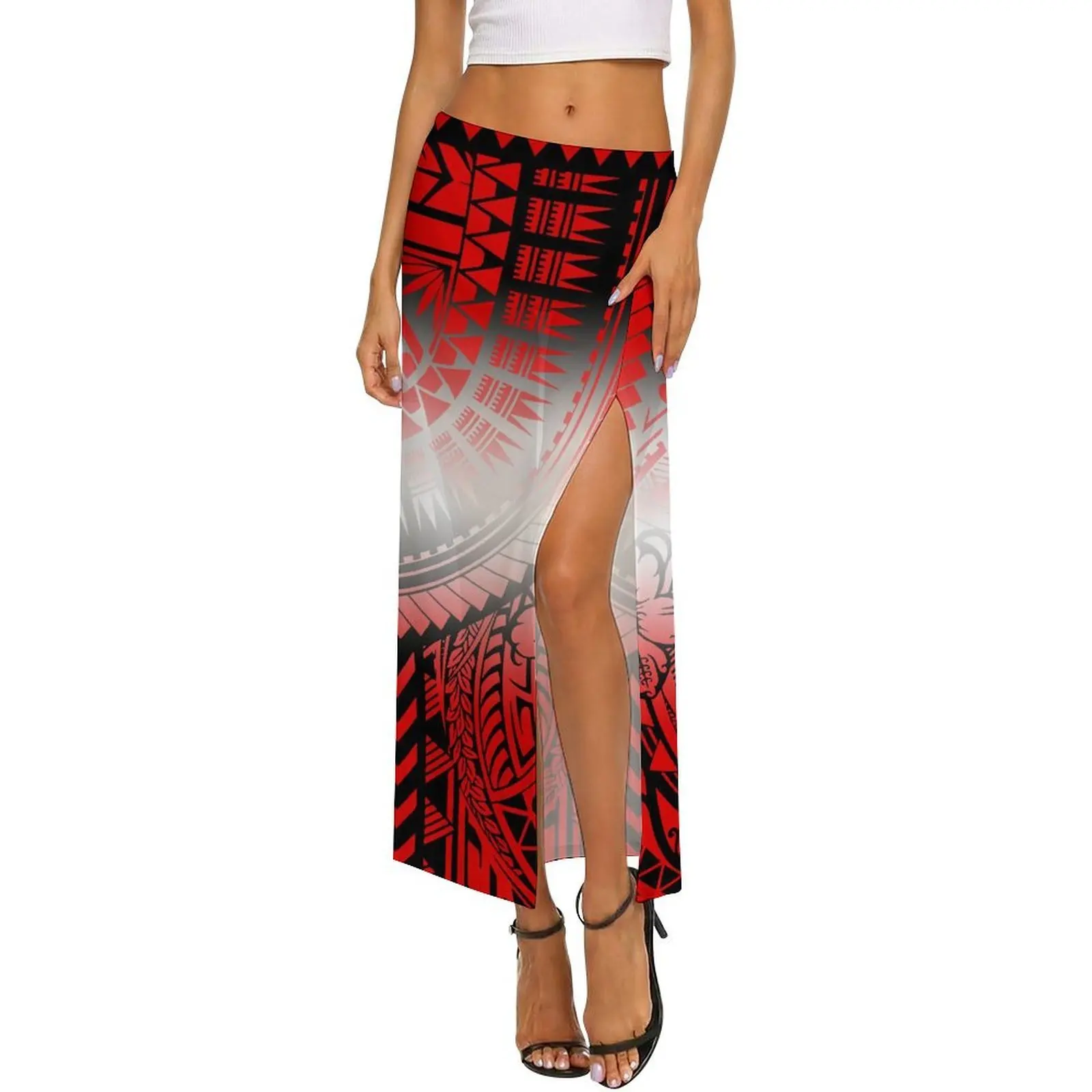 Polynesian-Style Custom-Made Floral-Print Transparent Net-Sheer Halter-Neck Design Fashionable Blouse And Skirt Set For Ladies