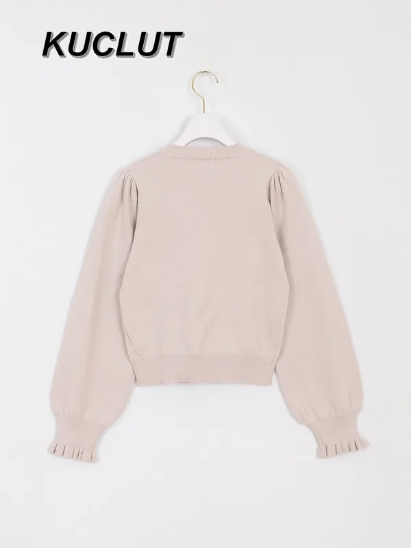 Jersey de estilo japonés con cuello con volantes, suéter con mangas abullonadas, Top ajustado de manga larga, suéteres de punto para Otoño e Invierno para mujer