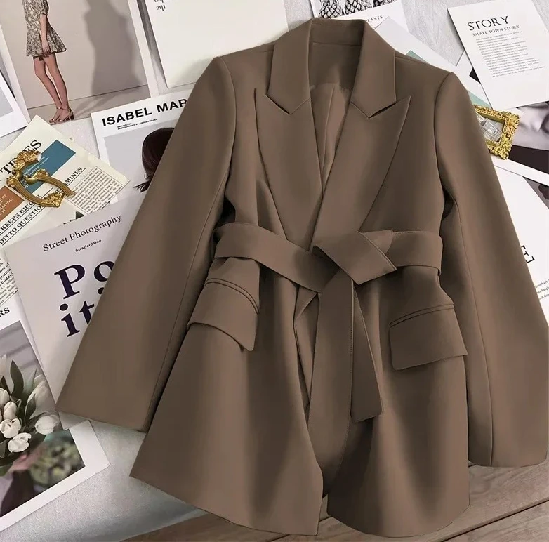 

Autumn Hot Sale Of The Season Korean Style Women's Slim Fit Suit Jacket Coffee Color Belted Fashionable Small Western Sty