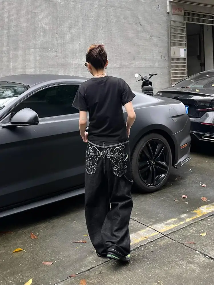 Mulheres Y2K bordado perna larga jeans retro cintura alta calças jeans largas para streetwear casual