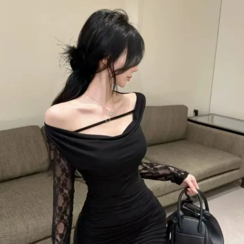 Vestidos de manga comprida feminino crisxmas primavera boêmio crochê bloqueando vestido de renda em camadas artístico fofo cottagecore simples