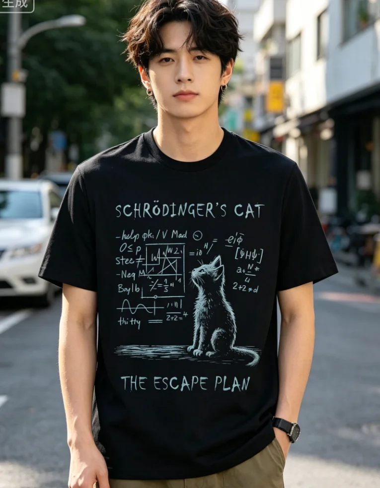 Camiseta divertida de mecánica cuántica con diseño de gato de Schrödinger para hombre, camiseta informal de manga corta con cuello redondo y diseño de ciencia, humor y física