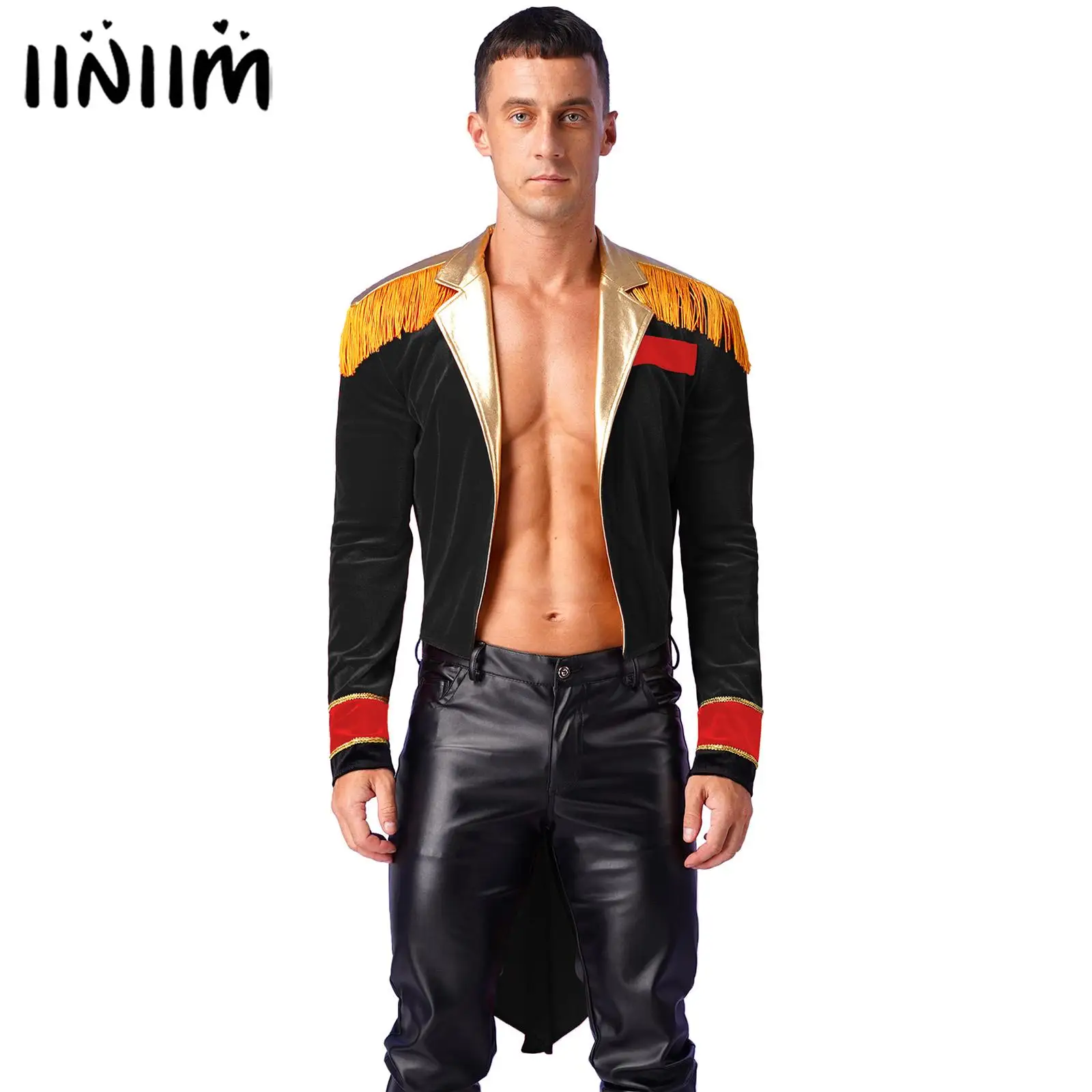 

Mens Circus Ringmaster Costume Long Sleeve Metallic Lapel Showman Jacket Halloween Tailcoat Tassel Velvet Swallow-Tailed Coat