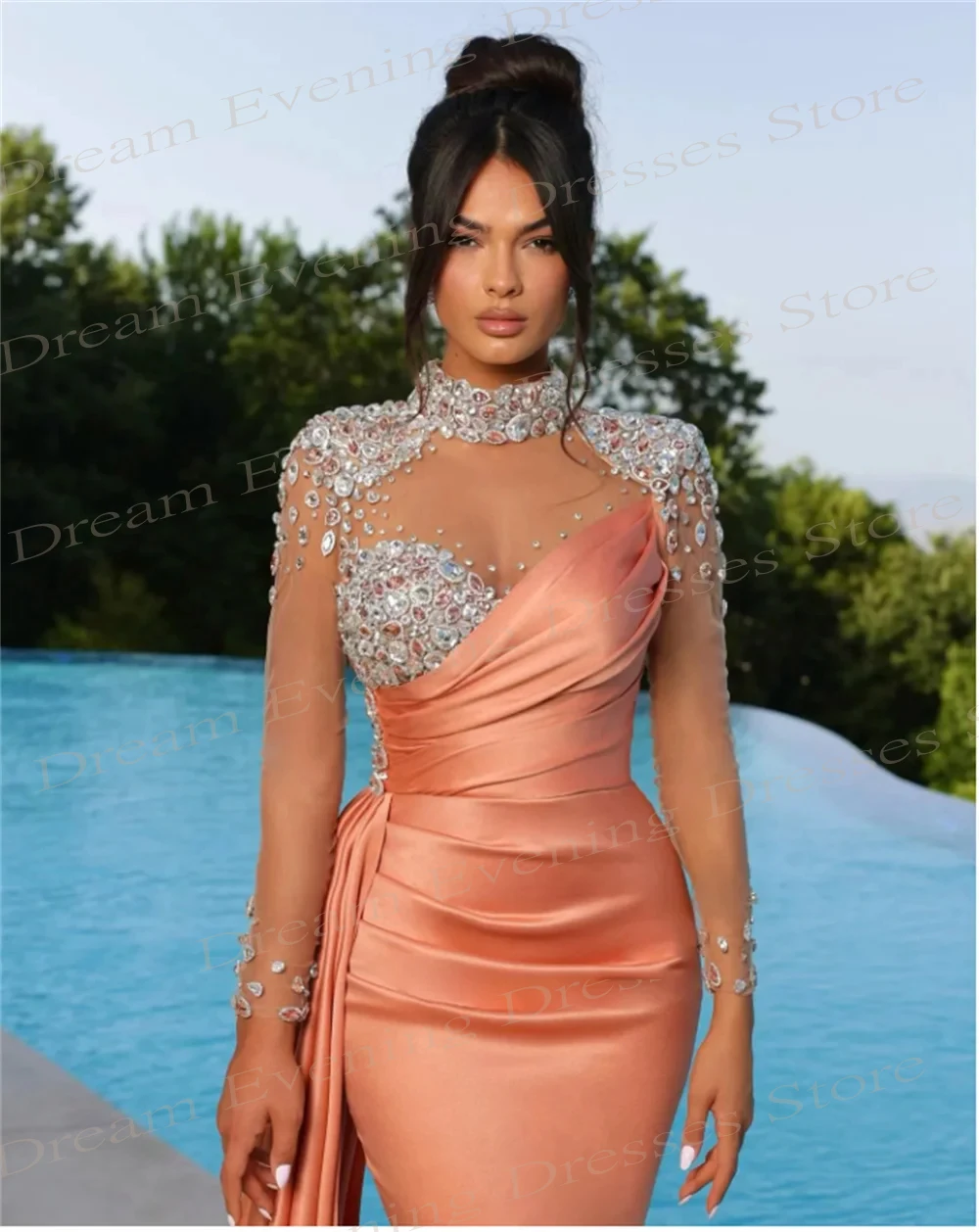 Sexy Mermaid Beading Fashionable Evening Dresses High Neck Mezuniyet Elbiseleri Long Sleeve Prom Gowns Abito Da Festa Di Nozze