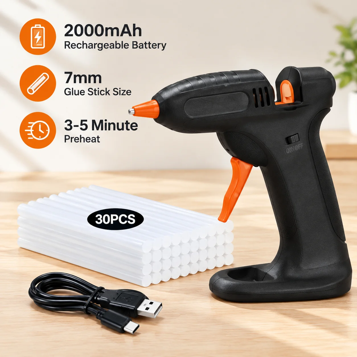 Cordless Hot Glue Gun with 30 Glue Sticks, 2000mAh Rechargeable Battery, 7mm Glue Stick Size, 3-5 Minute Preheat, Micro USB Charging, for DIY Crafts, Scrapbooking, Wood, Paper, Fabric and Plastic Bonding, 140 x 50 x 135mm, 182g