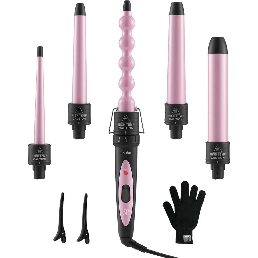 

5-in-1 Curling Wand Set: 5pcs Interchangeable Barrels, 0.35-1.25 Inch, Heat-Resistant Glove, Clips, Dual Voltage Curler for Wome