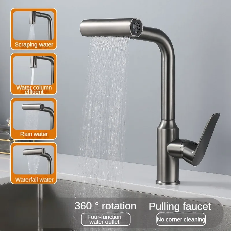 Imagem -02 - Pull Out Kitchen Sink Mixer Tap Quatro Função Stream Pulverizador Único Furo 360 Graus Rotativo Torneira de Água Quente e Fria