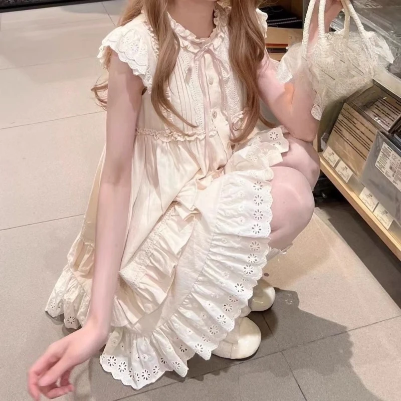 Vestido japonés Kawaii Lolita de Color puro, elegante vestido de fiesta corto de Hada dulce, ropa Vintage de verano Y2k, vestido de una pieza coreano