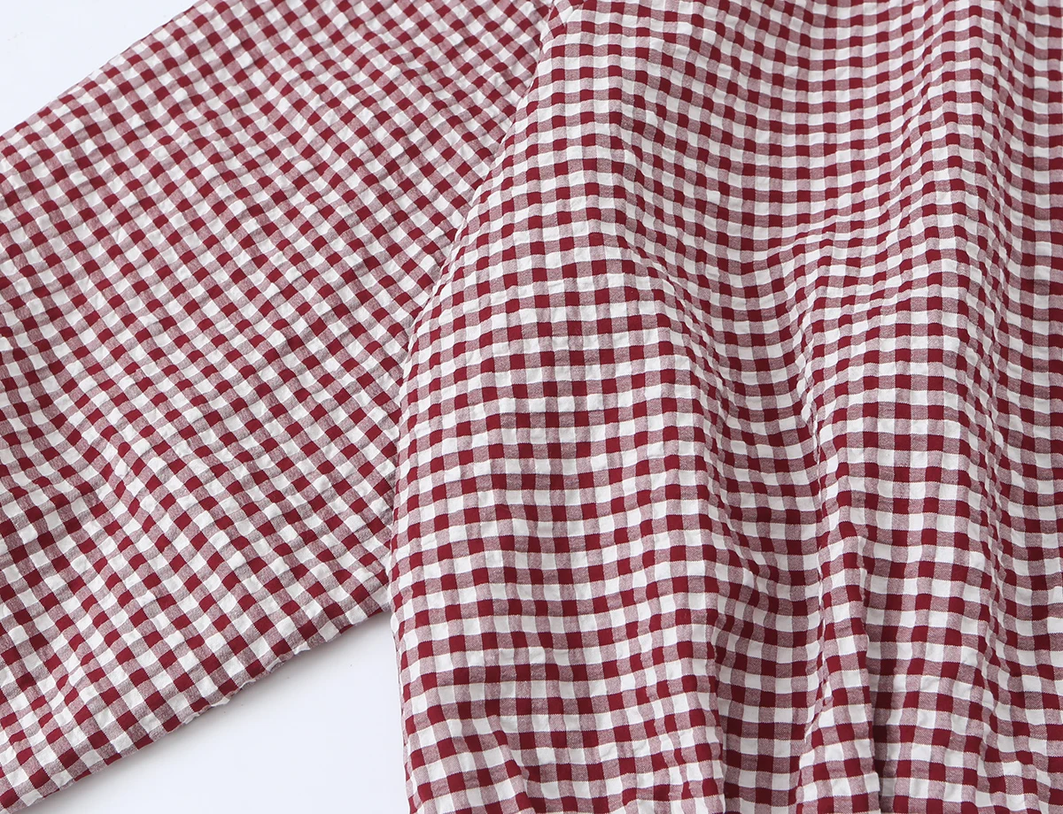 BSAY New Ladies Cropped Gingham Plaid Outerwear Stand Collar Long Puff Sleeve Button Up Drawstring Hem Casual Loose Check Jacket