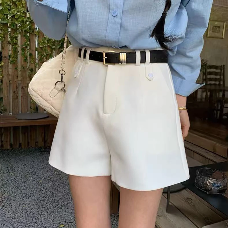 Korean Casual with Belt Suit Shorts for Women High Waist Solid Simple Wide Leg Shorts Summer Office Lady All Match A Line Short