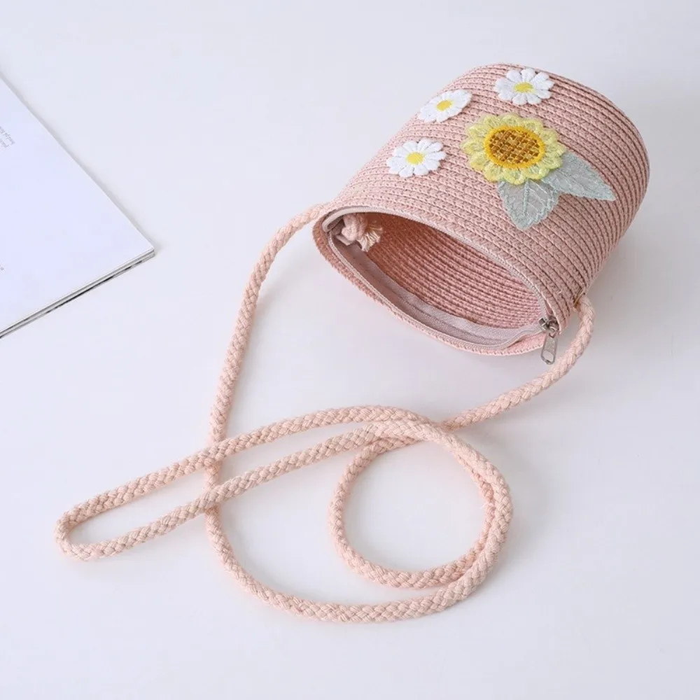 Small Daisy Children Beach Straw Hat Sun Protection Solid Color Straw Bag Cap Set Wide Brim Fisherman Hat for 2-10 Years Girls