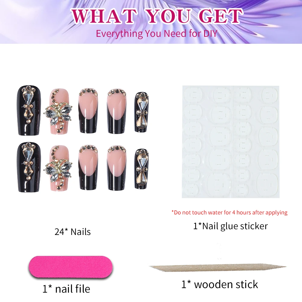 เล็บปลอมอะคริลิคแบบกดติด 24 ชิ้น ทรงสี่เหลี่ยมขนาดกลาง ลายผีเสื้อ 3 มิติ ประดับด้วยเพชร ดีไซน์ปลายเล็บสีดำแบบฝรั่งเศส ยาวพอดี เข้ารูปอย่างสมบูรณ์แบบ