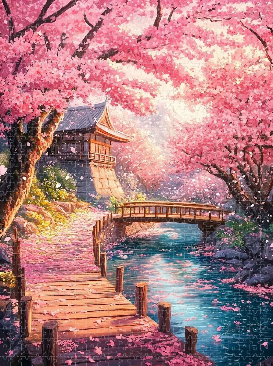 500/1000/1200/2000PCS Adult Jigsaw Puzzle  Cherry Blossom House Landscape Reducing Toy Holiday gift Perfect for DIY Creative Fun