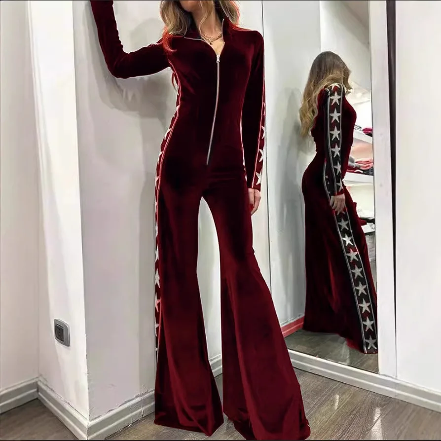 2025 Autumn And Winter New Temperament Commuter Women's Jumpsuits Fashionable Solid Color Zipper Half Placket Slim Fit Jumpsuits