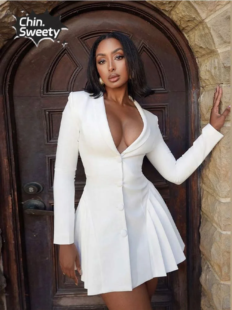 

White Elegant Pleated Suit Long Sleeved Mini Dresses Sexy V-neck Single Breasted Dress 2024 Office Ladies Commute Streetwears