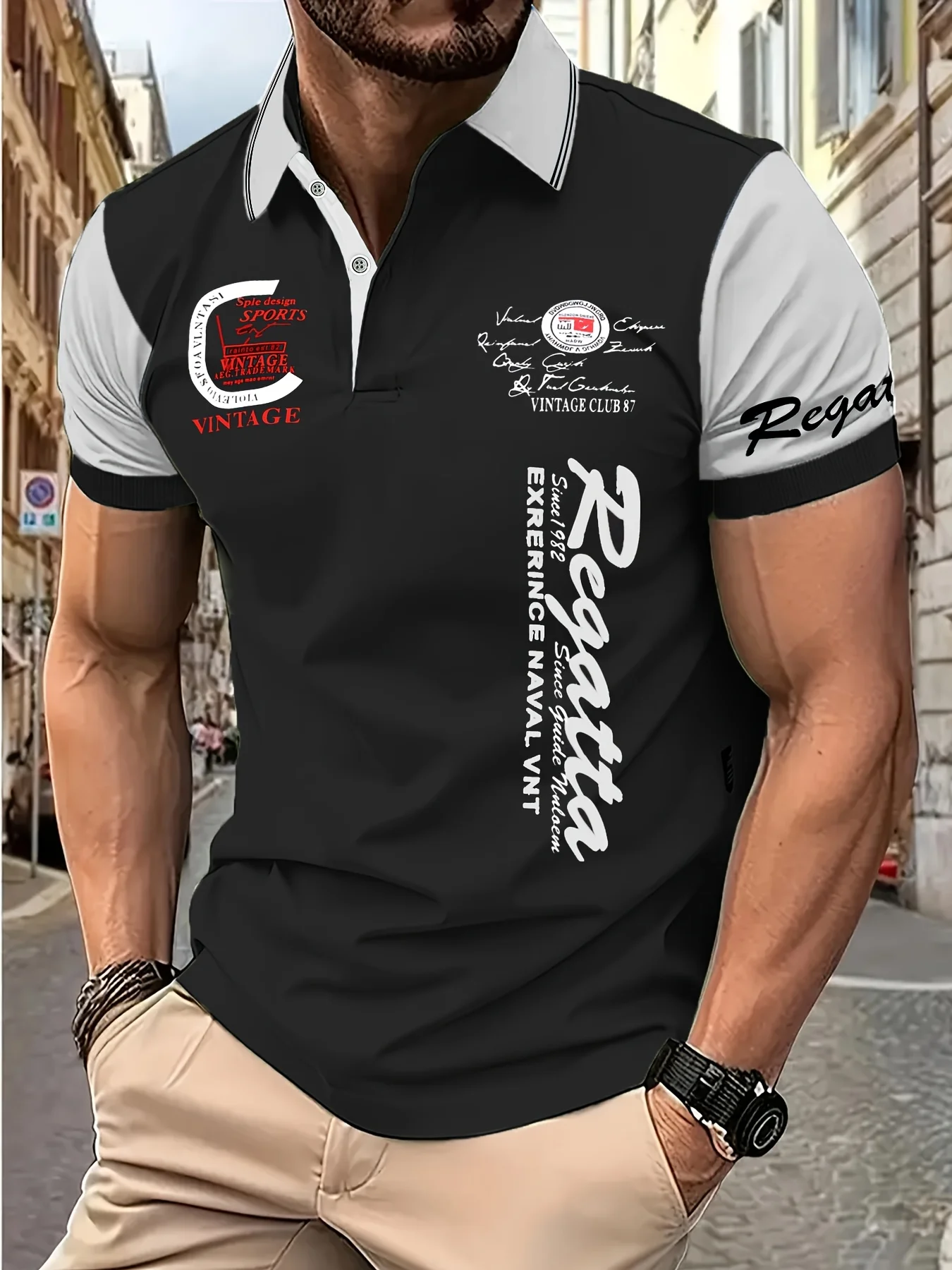 Das neue Herren-Kurzarm-POLO-Shirt für den Sommer 2025, verfügt über einen lässigen und modischen 3D-Buchstabenmusterdruck auf der Straße