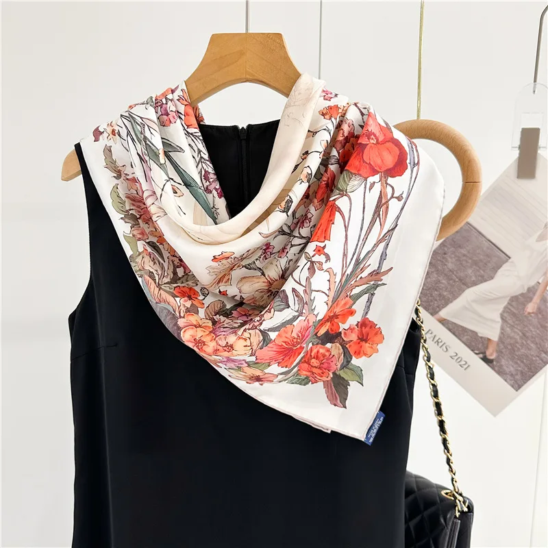 

Flower Print Mulberry Silk Scarf 90cm Women Square Shawls Hand-rolled Edges Bandanas Shawls Hair Belt Bag Accessories 90cm