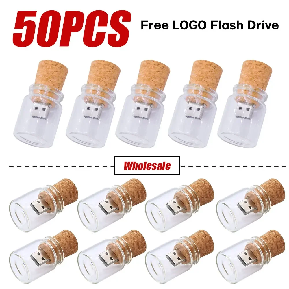 50PCS/LOT Free LOGO Glass Bottle USB 2.0 Flash Drive 4G 8G 16GB 32GB 64GB 128GB Pen Drive Photography Gifts Memory Stick U Disks