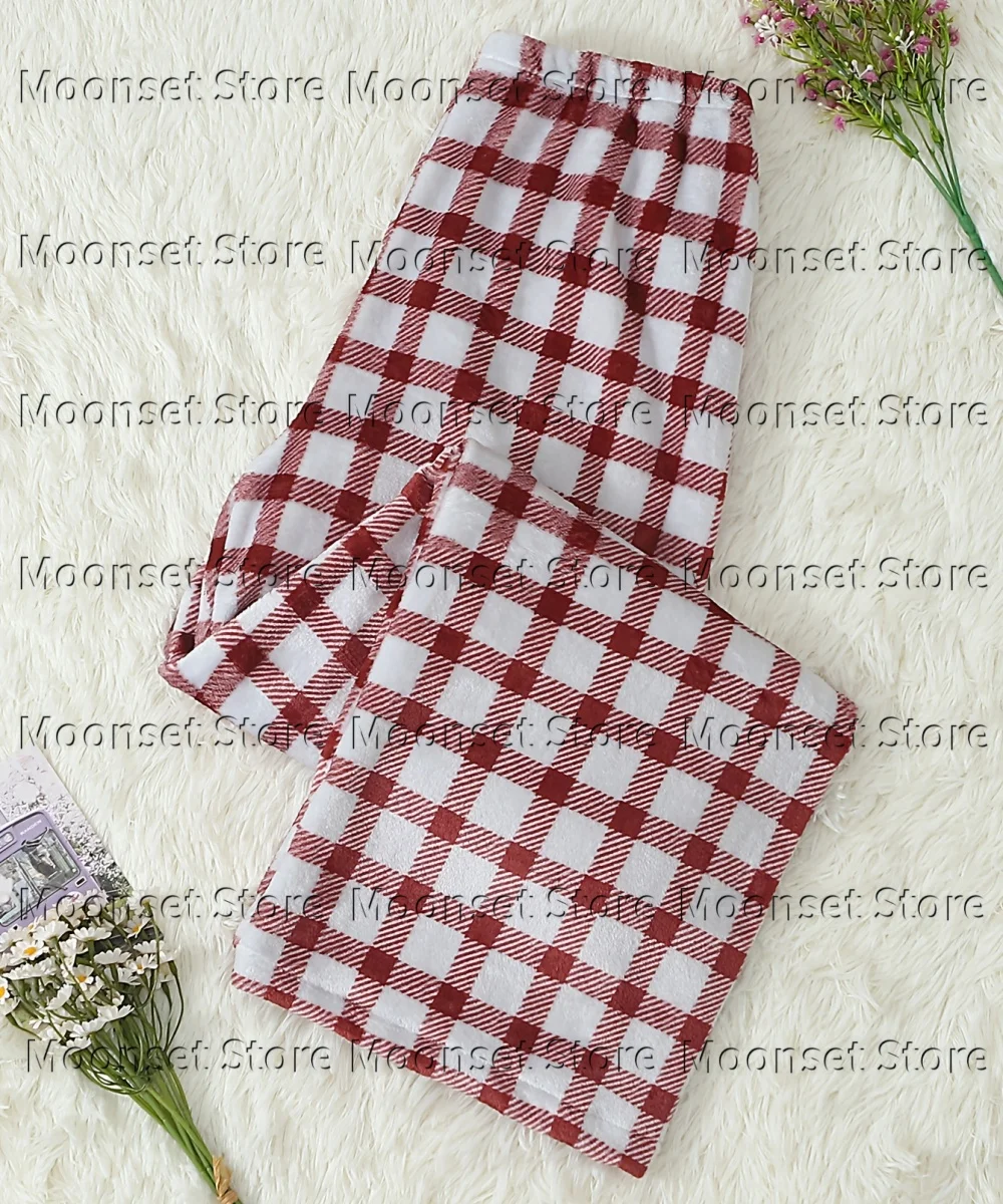 Red White Check Flannel Loungewear Pants Pajama Pants Women Elastic Drawstring Loose Trousers Thick Winter Home Sleepwear Bottom