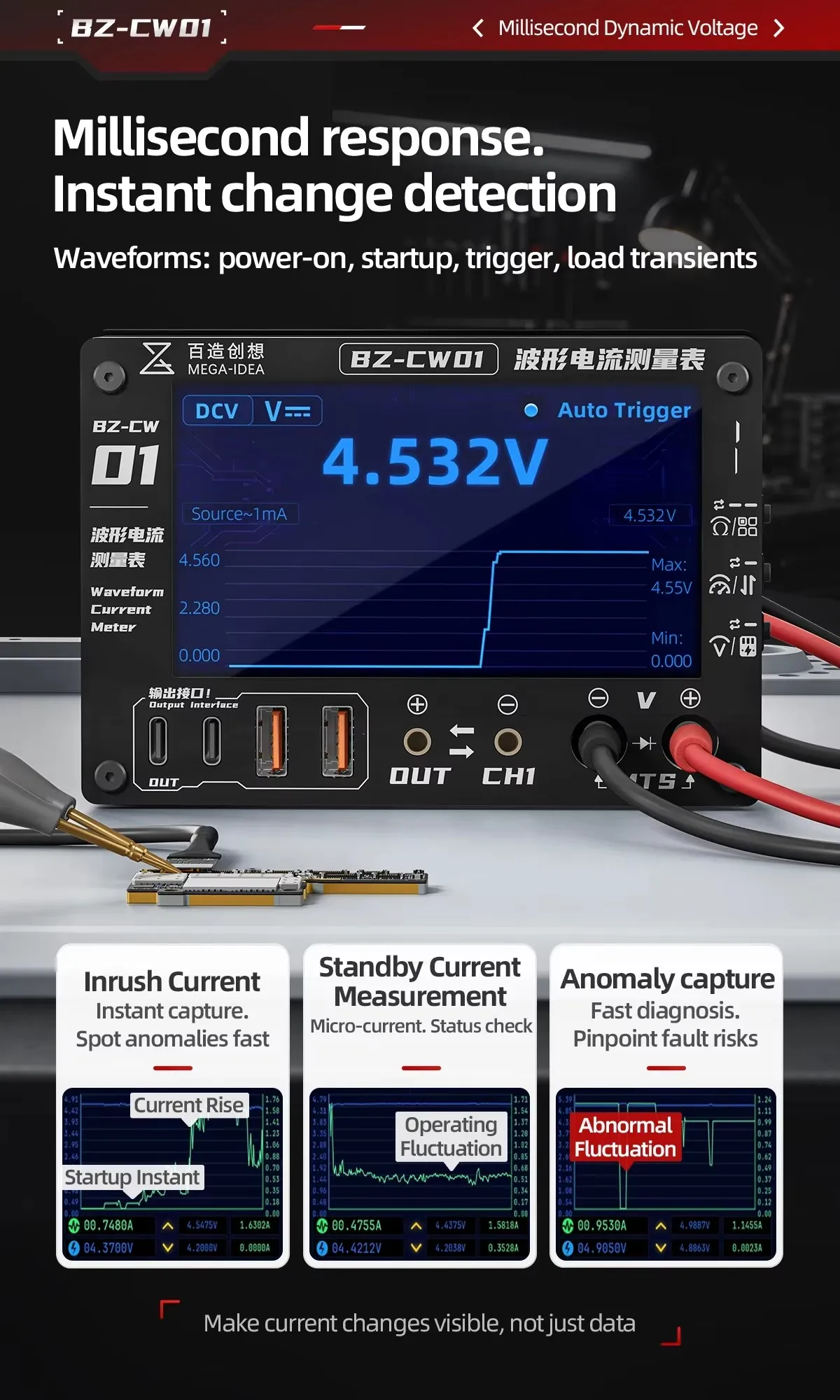 Qianli MEGA-IDEA CW01 Waveform Current Meter 0-36V with 3 Modes Curve Pointer Multimeter for Phone Motherboard Circuit Diagnosis