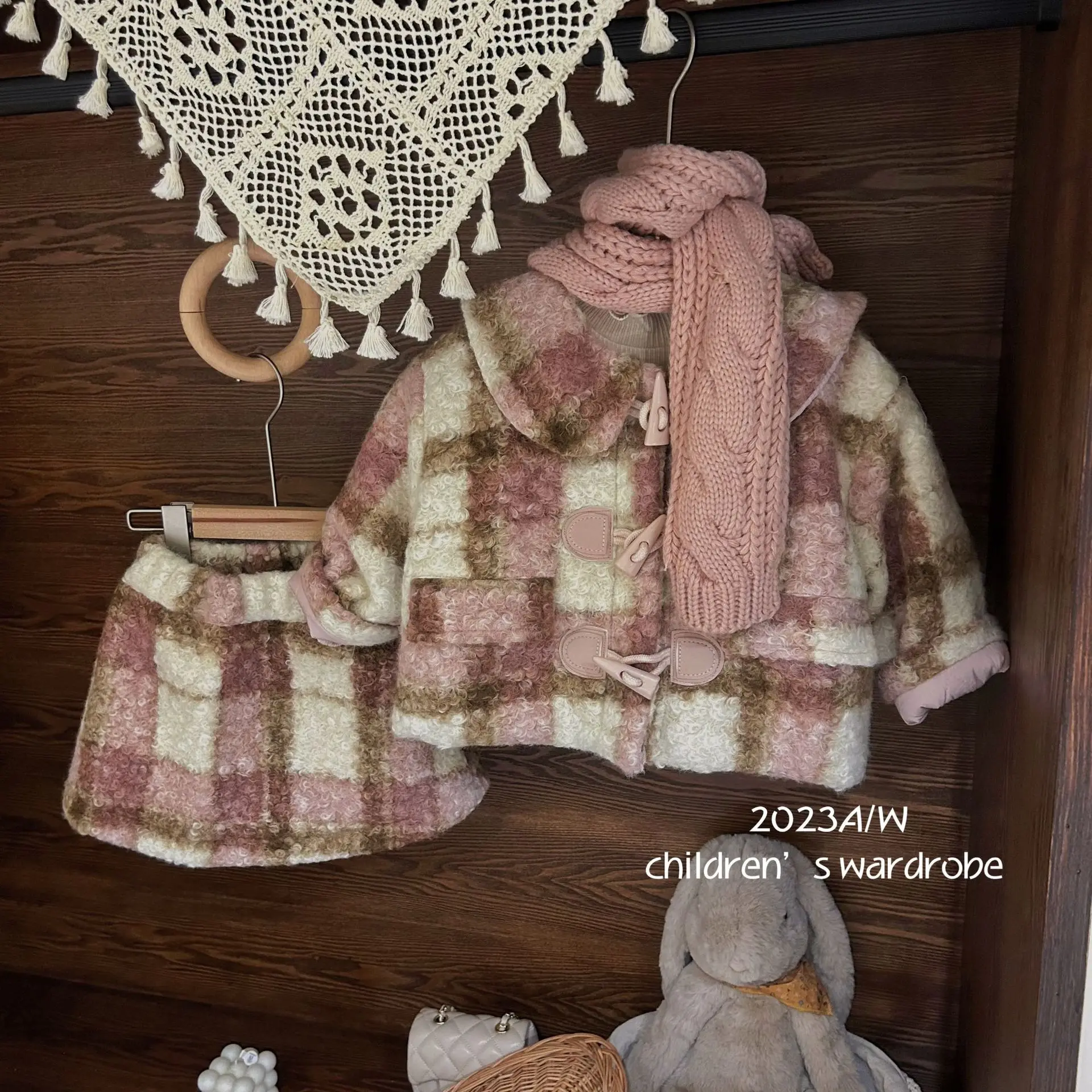 Girl Clothes Suit Korean Style Children Wear 2023 New Winter Girl Circle Collar Horn Buckle Woolen Coat Half Skirt Two-piece Set