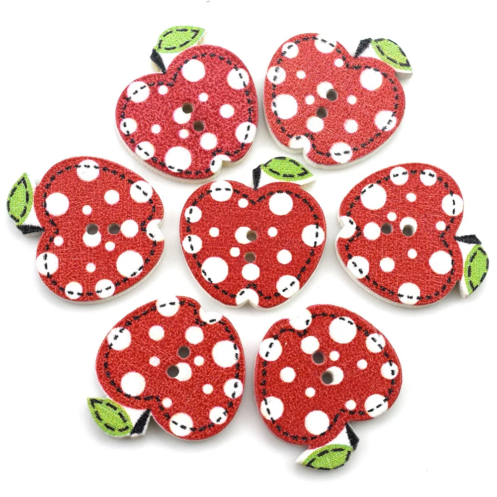 50PC 20MM Mixed Apples Pattern Wooden Buttons for Clothes Crafts Sewing Decorative Needlework Scrapbooking DIY Accessories