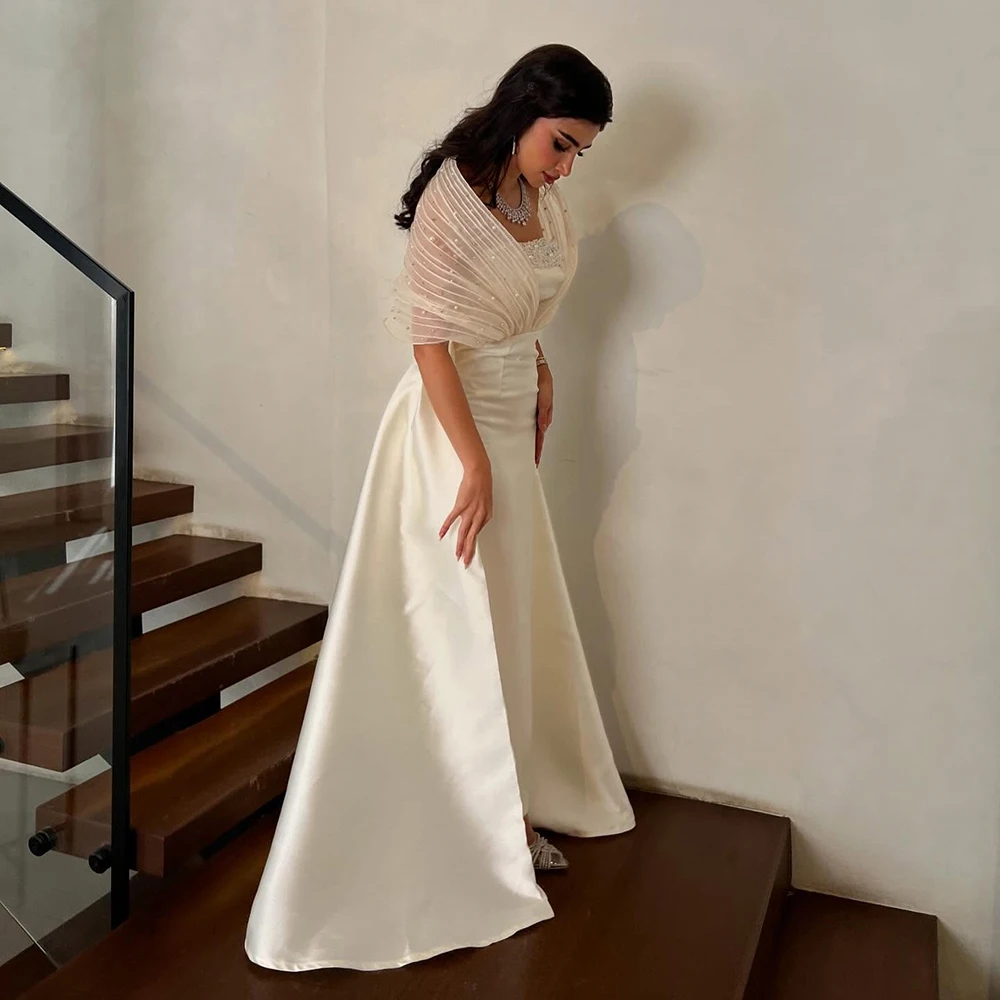 

Customized Simple StraplessStriaght Jersey Evening Dress Watteau Train Sleeveless Party Dress With Cape Ankle Length Prom Gown