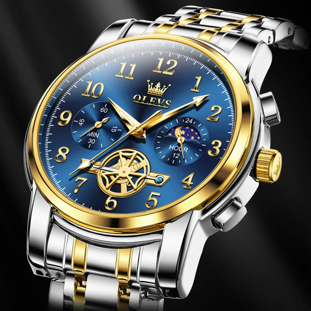 OLEVS Top Brand Luxury Fashion Imitation Tourbillon Window Quartz Watch Men Waterproof Date Moon Phase Sport Watches Mens