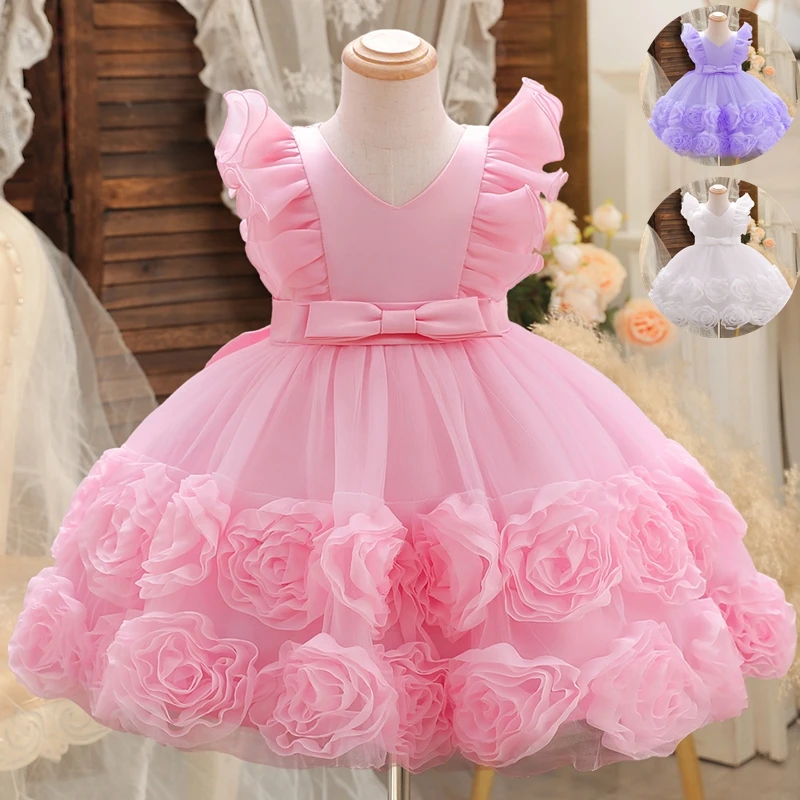 Flower Girls Party Dress for Flying Sleeves Princess Birthday Puffy Dresses Baby Girl Baptism Tutu Dresses Children Wedding Gown