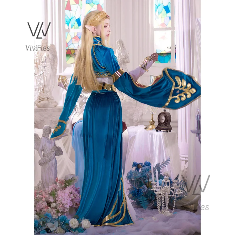 Blue velvet princess dress Zelda cosplay costume woman top skirt outfit full set and wig are sold custom size