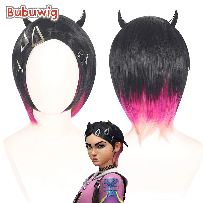 

Bubuwig Synthetic Hair Clove Cosplay Wigs Valorant Clove 35cm Short Straight Black Mixed Hot Pink Cos Wig Heat Resistant