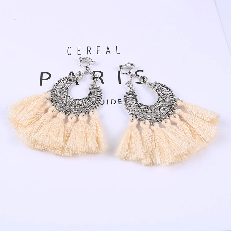 Bohemian Vintage Geometric Sector Tassel Clip on Earrings for Women Without Piercing Exaggerated Cotton Thread Fringe Ear Clips