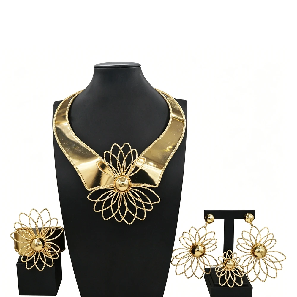 Vintage Wire Flower 24K Gold Plated Jewelry Set Hollow Floral Collar Necklace Cuff Bangle Earrings Ring for African Lady X00160