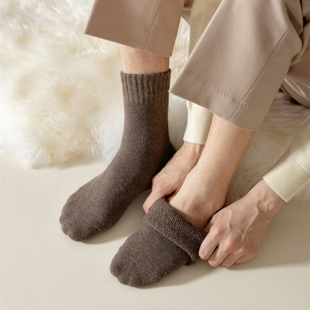 5 pares de calcetines de lana gruesos de otoño e invierno, calcetines casuales de tela de rizo de Color sólido para hombre, calcetines de lana cálidos para mujer