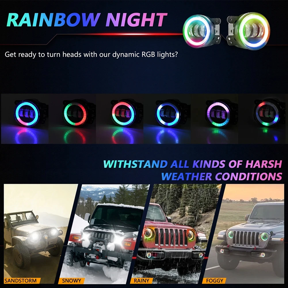 EKLEVA 2pcs/set 4 Inch Car RGB Fog Lights Dazzling Angel Eyes Off-road Vehicle Headlight Modified Car LED Headlights Fog Lights