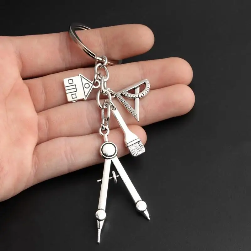 1Pc Creative Silver Keychain Triangular Ruler Painting Compass Pocket Size for School Exam Drawing Engineering Design Work