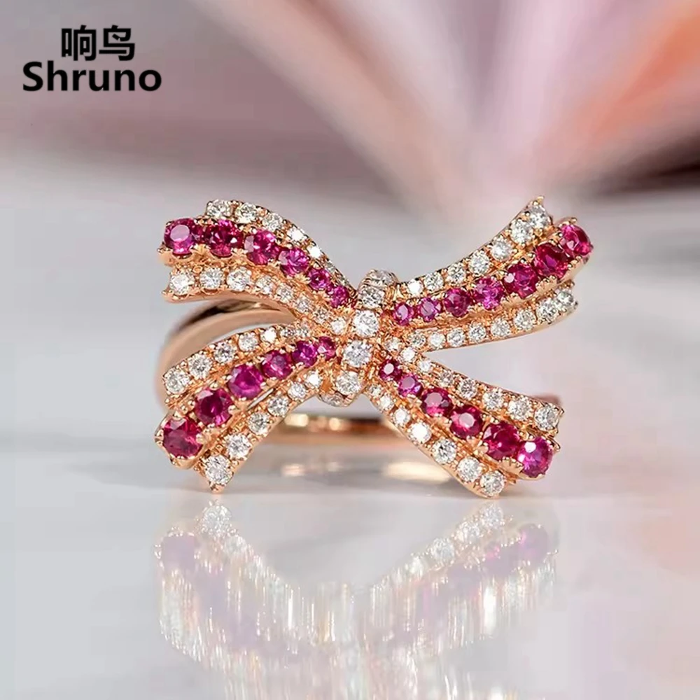 Shruno Solid 14K Rose Gold Bowknot Natural Diamonds Ring Customized Real Ruby Ring For Women Gemstone Unique fashionable Jewelry