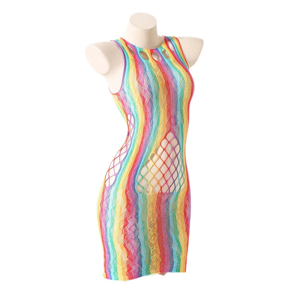 Sexy Women Rainbow Beach Dress Bikini Cover Up Fishnet Hollow Out Mesh Dress Swimsuit See Through Neon Color Swimwear Party