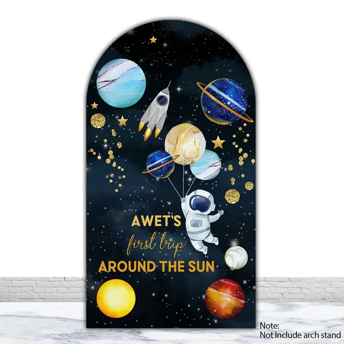 

First Trip Around The Sun Arch Cover Outer Space Astronaut Birthday Backdrop Planet Galaxy Custom Fabric Double-Sided Arch Cover