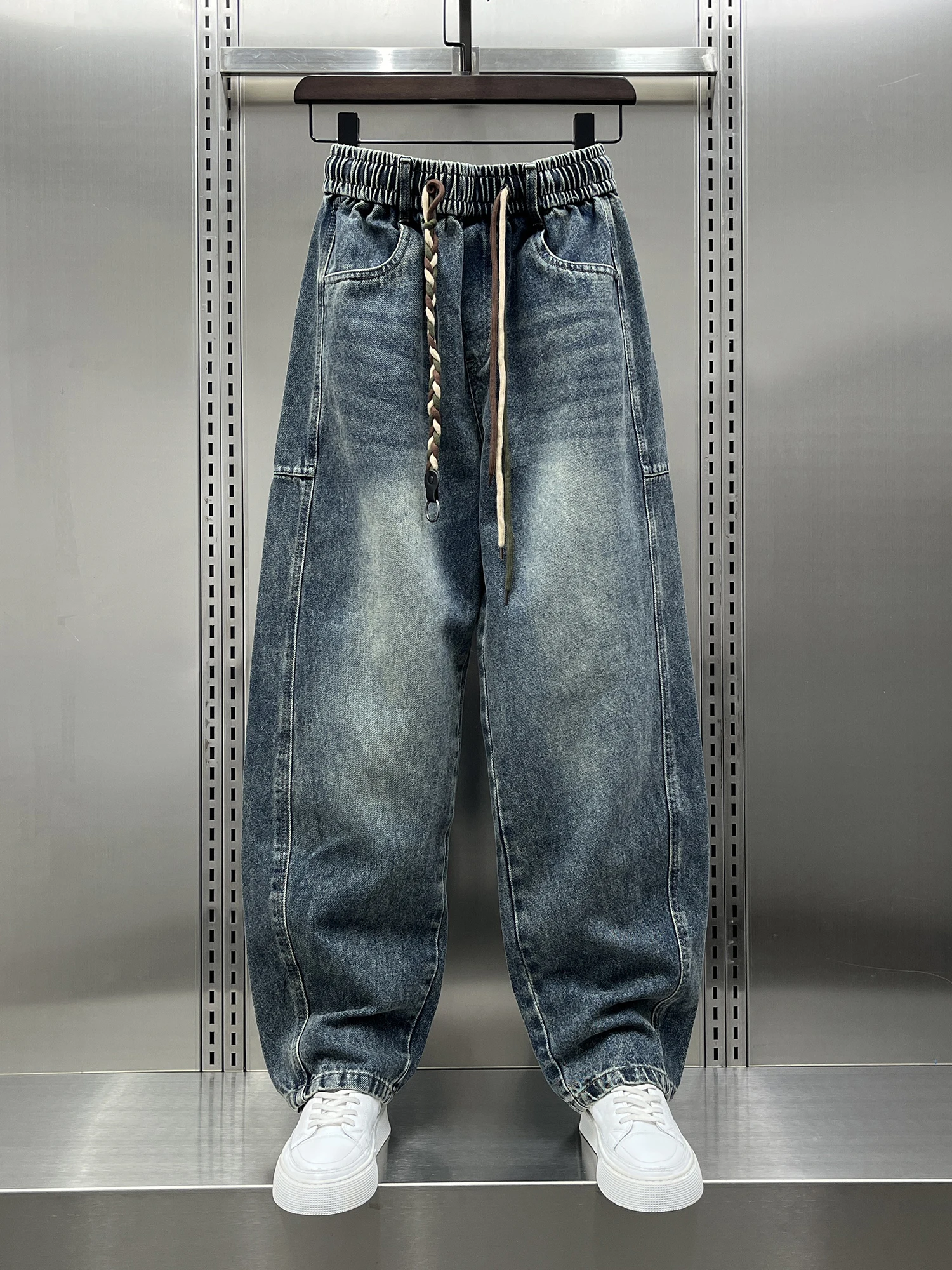 

Trendy Korean Waiselt Design Waed Denim Pants Men's Spring New Patchwork Casual Straight Leg Jeans mid Waist Fit Jeans