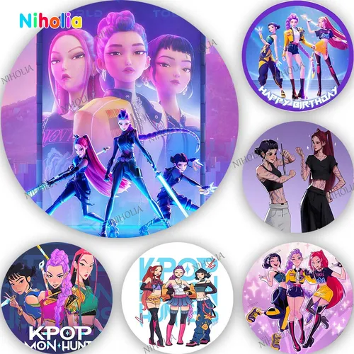 K pop Demon hunter cubierta de fondo redondo decoración de cumpleaños para niños fiesta foto fotografía fondo cabina de Baby Shower