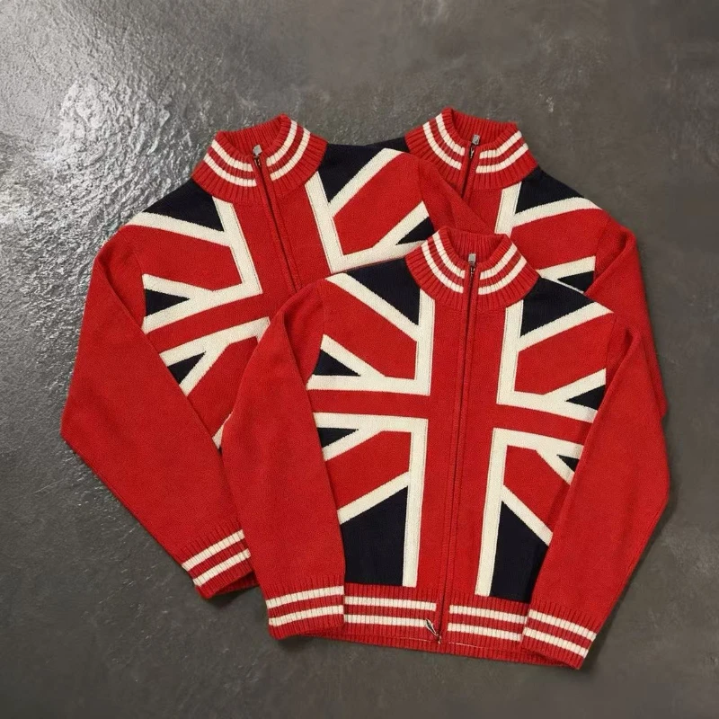 British style rice flag knitted cardigan for women in autumn and winter retro zipper stand collar men's sweater jacket