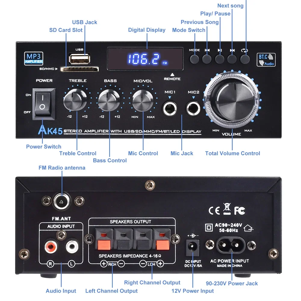 AK45 300WX2 Uscita Amplificatore digitale Bluetooth 5.0 Amplificatore di potenza Canale 2.0 Max 400W Subwoofer Ricevitore audio stereo Hi-Fi