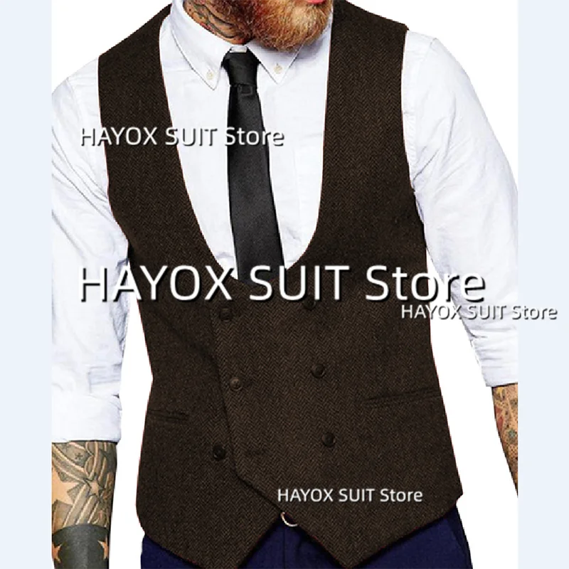 Men\'s Slim Fit Suit Vest Double Breasted Herringbone Tweed Tank TopSleeveless Jackets Vintage Tooling Tuxedo